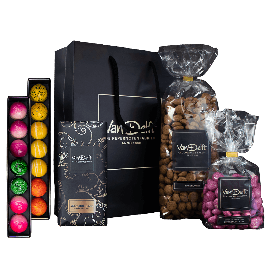 featured image Cadeauset met bonbons (2x), reep, kruidnoten (500gr) en kwark kers