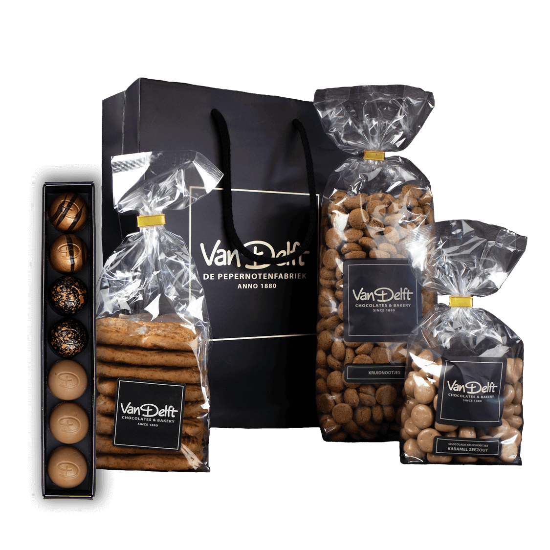 featured image Cadeauset met bonbons, taai, kruidnoten (500gr) en karamel zeezout